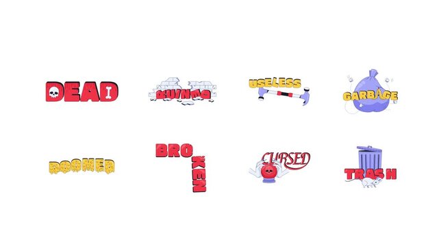 Humorous criticism and sarcastic internet reaction 2D animation set. Popular phrases for live streaming platforms and gamers. Gen z slang words animated overlay pack. Cartoon motion graphics