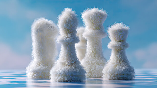 Chess pieces with fuzzy texture on board under gradient sky