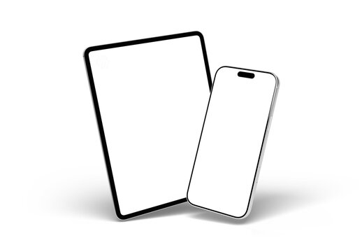Modern smartphone and tablet mockup on clean white background. silver color. 3d rendering 