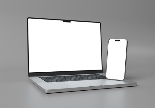 Modern smartphone and laptop with blank screens isolated on grey background, side view, 3D rendering
