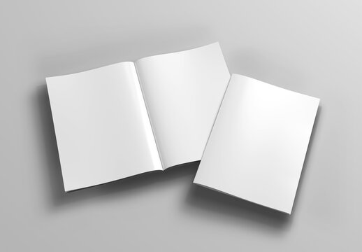 Magazine cover and open magazine Mockup on white background with shadows. 3D rendering