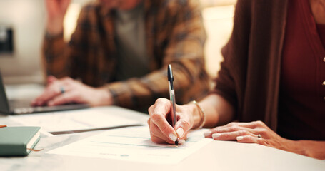 Fototapeta premium Hands, documents and couple with writing, insurance and financial decision in home. Man, woman and application with signature, planning or policy for budget and premium or safety for asset management