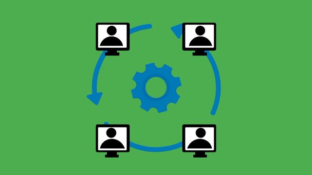 Virtual team building concept featuring multiple computers with person icons, gear, and circular arrows. Visual representation of remote collaboration and coordinated teamwork.