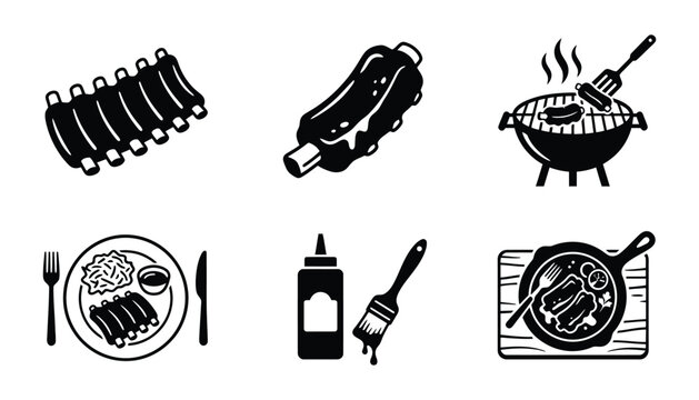 Barbecue grill icons and ribs vector illustration set with barbecue