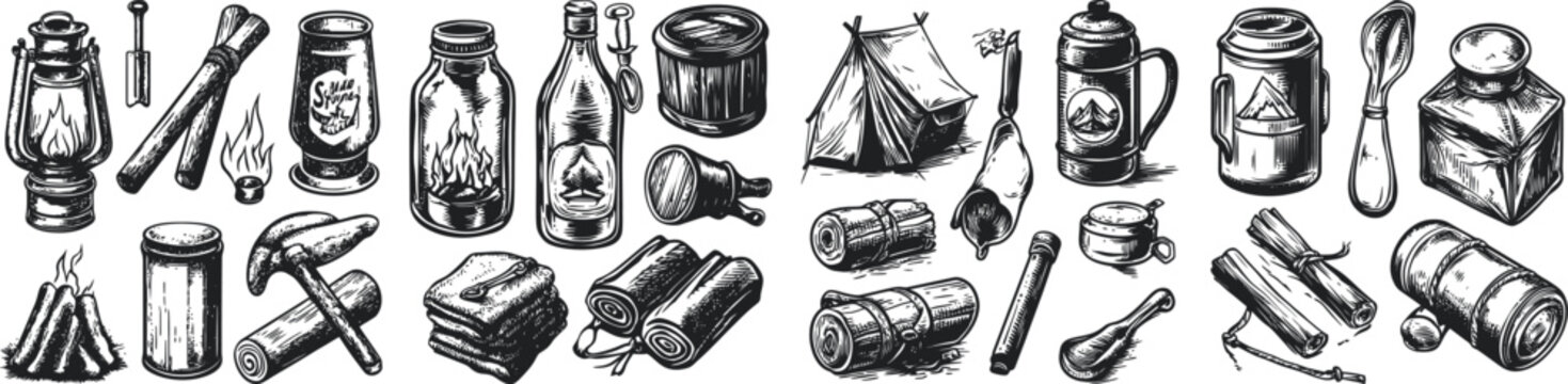 Camping. Outdoor Tools. Vintage Equipment Collection.