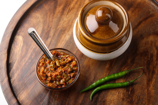 ndian food called Traditional Green chili pickle or Hirvya Mirchihe Lonche