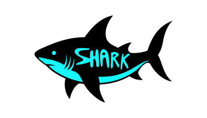 Fototapeta premium Imagine prompt of shark silhouette with bold blue text overlay