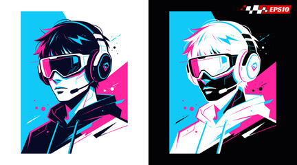 Animestyle gamer wearing headset and goggles vibrant neon colors. © heXart