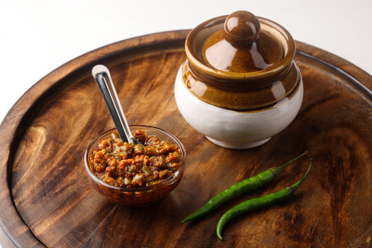 ndian food called Traditional Green chili pickle or Hirvya Mirchihe Lonche