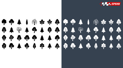 Diverse Collection of Tree Silhouettes and Icons Representing Various Species. © heXart