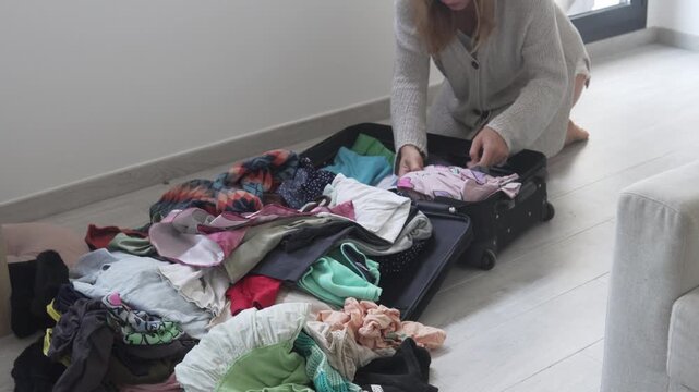 Woman packing clothes into an open suitcase at home. Messy pile of clothing on the floor, travel preparation, vacation packing, relocation and luggage organization concept
