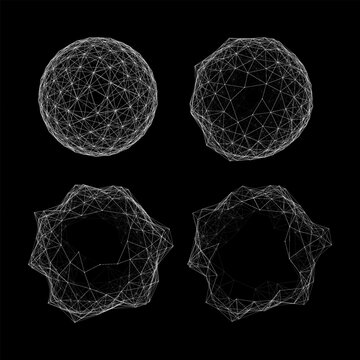 Wireframe Plexus Spheres and Abstract Network Rings on Black Background