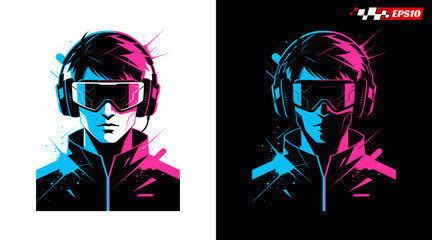 Neonlit gamer with headphones and futuristic visor. © heXart