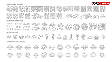 Ocean and sea waves marine life and nautical elements line art collection. © heXart