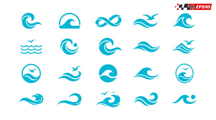 Set of blue wave logos and icons for water and ocean themes. © heXart