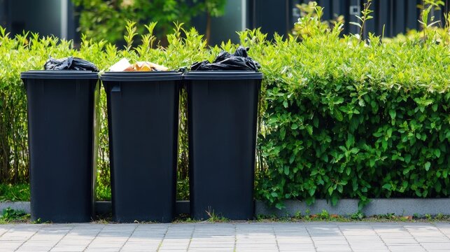 Three Black Garbage Bins Outdoors