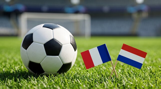 Soccer ball on the green grass of a stadium pitch with small national flags of France and Paraguay, international football match or championship tournament concept