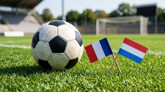 Soccer ball on the green grass of a stadium pitch with small national flags of France and Paraguay, international football match or championship tournament concept
