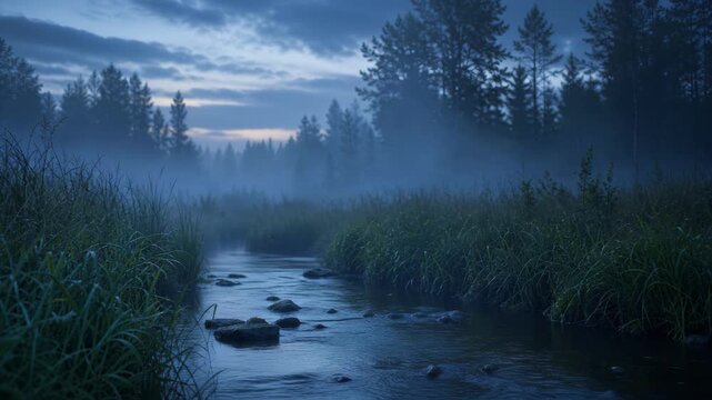 Foggy forest river landscape at dusk with tall grasses and pine trees