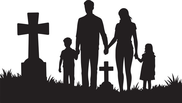 Family silhouette holding hands at graveside