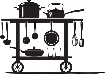 Mobile kitchen cart with cooking utensils and pots © Ranaart