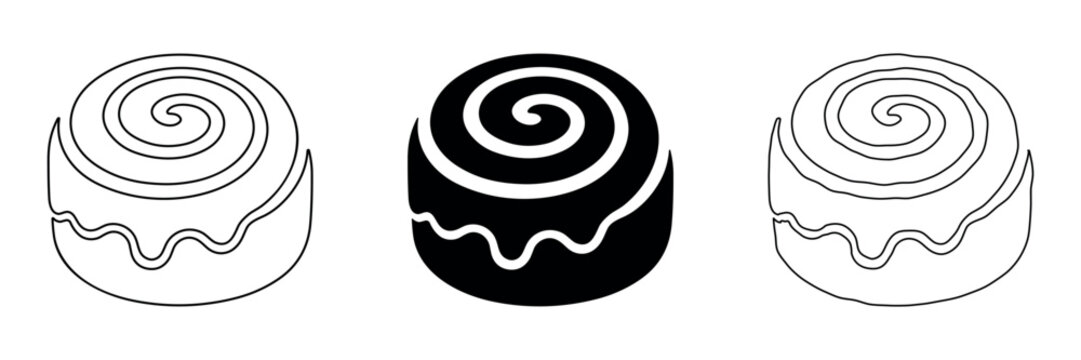 Collection of three cinnamon roll icons in different styles: outline, solid, and hand drawn