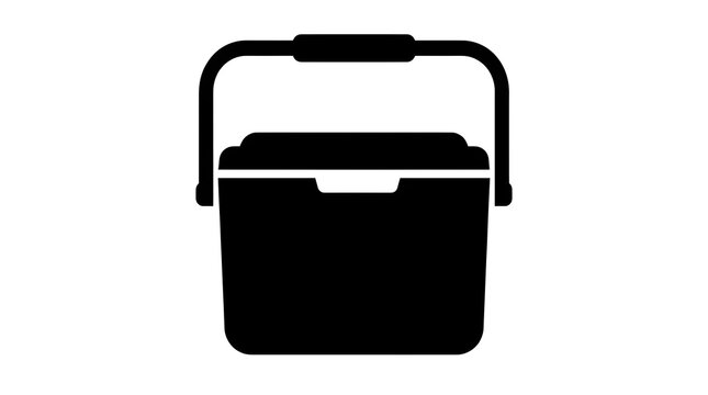 Simple black silhouette icon of a portable cooler box ice chest with a handle for outdoor camping.