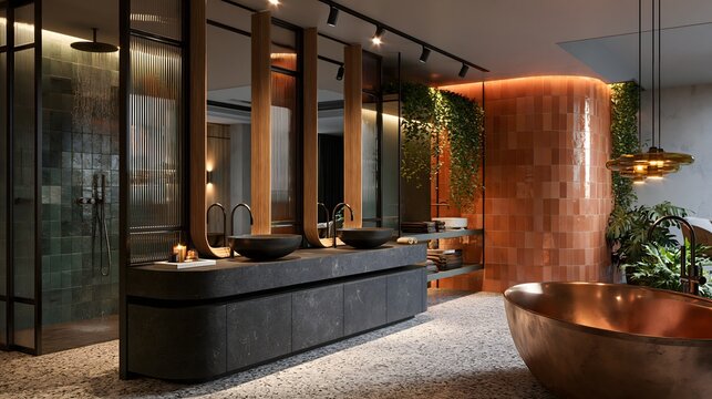 Luxury modern bathroom interior design featuring a copper freestanding bathtub, dark stone vanity, fluted glass shower enclosure, terracotta wall tiles, and lush indoor plants in a high-end spa