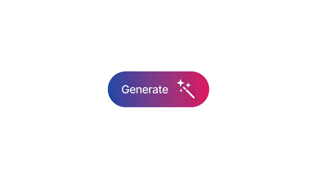 A rounded rectangular button with a purple to pink gradient containing the word generate and a magic wand on a clean white background