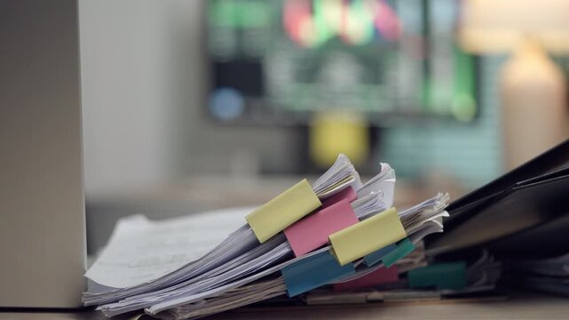 Static office video featuring organized paperwork and binders prepared for daily administrative tasks. Perfect for themes of corporate workflow, office organization, documentation, record keeping, and