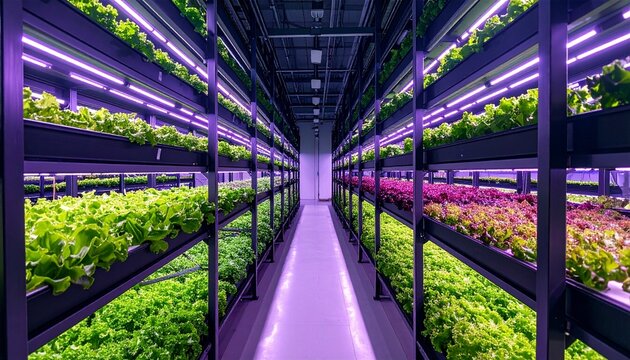 A modern vertical farm with LED lights and hydroponic lettuce trays, symbolizing sustainable agriculture and technological innovation.