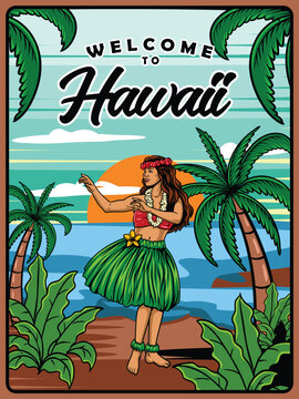 Detailed vintage travel poster illustration featuring a traditional Hawaiian hula dancer performing on a tropical beach surrounded by palm trees