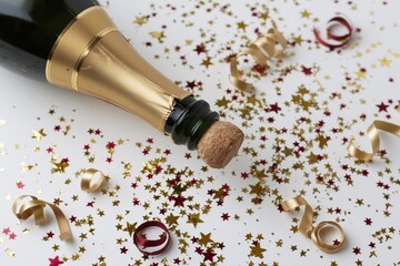 Fototapeta premium The Champagne Bottle Celebration Scene with Confetti, Ribbons, Sparkle, and Gold