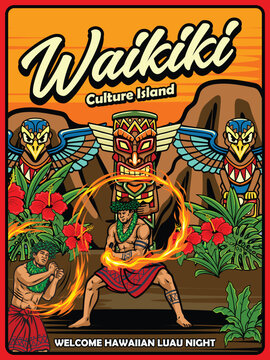 Vintage detailed travel poster showing traditional Hawaiian luau fire dancers performing in front of a giant Tiki totem pole character