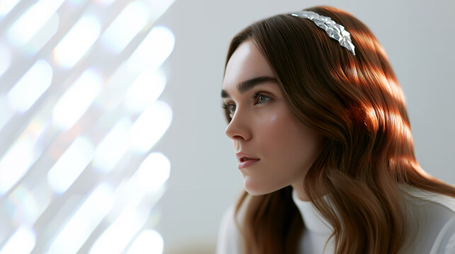 Young woman portrait with glowing skin and metallic headband, futuristic high-key studio lighting, translucent light patterns, clean beauty concept, large copy space.