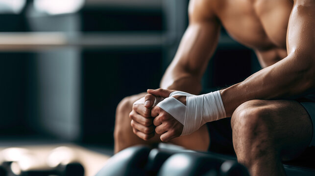 Athlete wrapping hands with white tape before boxing training, sweat on muscular arms, gym bench, fitness strength endurance concept, gritty premium lighting, closeup knuckles.