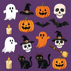 Naklejka premium Spooky Halloween Icons Ghosts, Pumpkins, Bats, Skulls, and Cats