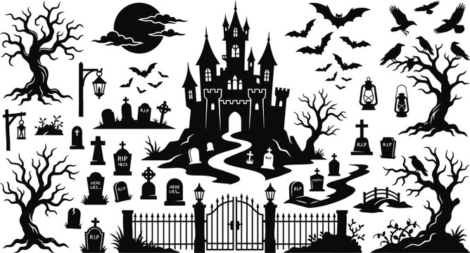 Halloween graveyard silhouettes with haunted castle spooky trees bats and cemetery elements.