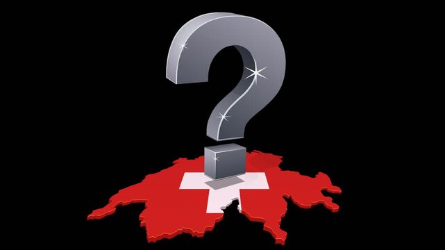 Large metallic question mark spinning over the Switzerland map with flag. Crisis and political uncertainty concept. Chroma key green screen with alpha channel. (loopable)