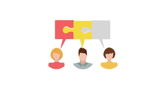 Flat vector business teamwork animation with diverse group avatars and connecting puzzle speech bubbles