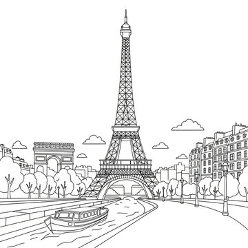 Eiffel Tower and Arc De Triomphe Line Drawing on White Background