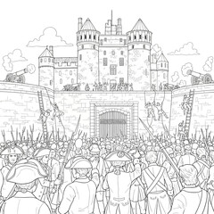 Naklejka premium Detailed Medieval Siege Battle Illustration Showing Armed Soldiers Attacking a Castle Fortress