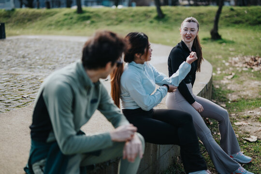 Three friends sit and talk while taking a break from exercising outdoors. The group relaxes on a low wall in a park after a workout, sharing conversation and smiles.