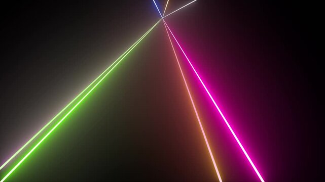 Neon Laser Beams on Disco Stage Background Animation. Colorful Glowing Light Rays, Nightclub Concert Lighting, DJ Party Show, Futuristic Dance Floor Motion, Seamless Loop