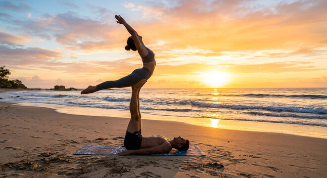 peaceful acro yoga performing on sandy beach at sunset with ocean waves and golden light, serene and vibrant scene for fitness and outdoor activities use.