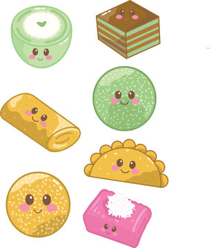 Cute kawaii Indonesian traditional cakes vector set, cute jajanan pasar characters collection with smiling faces