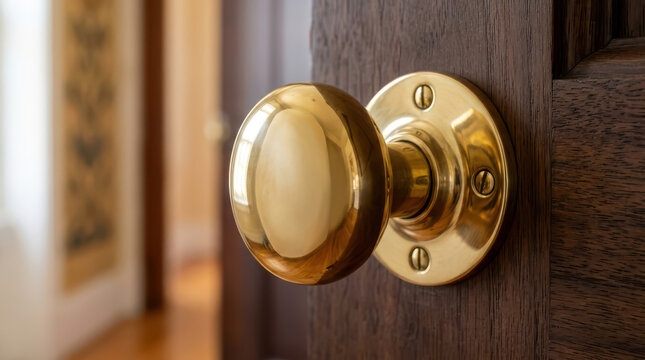 Close-up view of shiny brass door knob on wooden door indoors