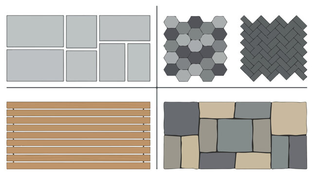 Paving stone patterns and wooden decking set, outdoor flooring materials vector, landscaping patio tiles and herringbone brick textures for architectural design