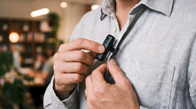 Close-up of a man attaching a small black wireless lavalier microphone to his linen shirt button-up before recording a video