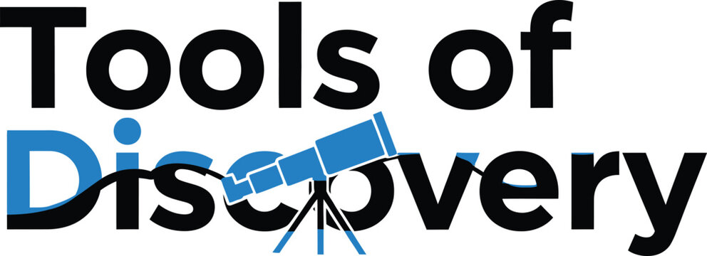 Tools of discovery text logo with blue telescope icon